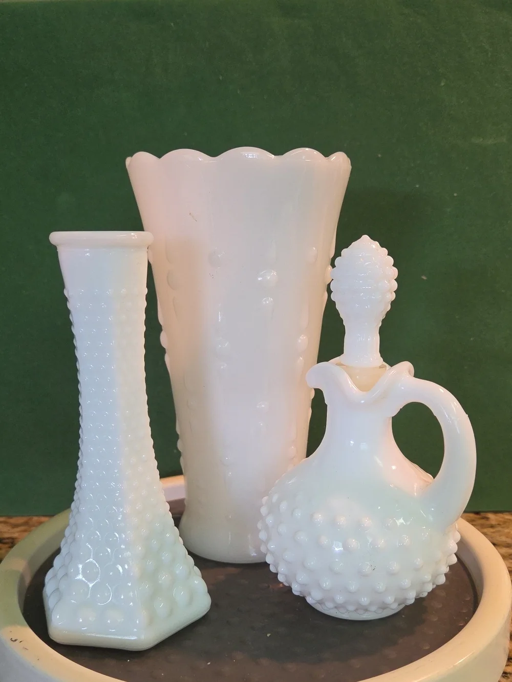 Milk Glass Hobnail Vase Cruet Bundle - White Home Accents